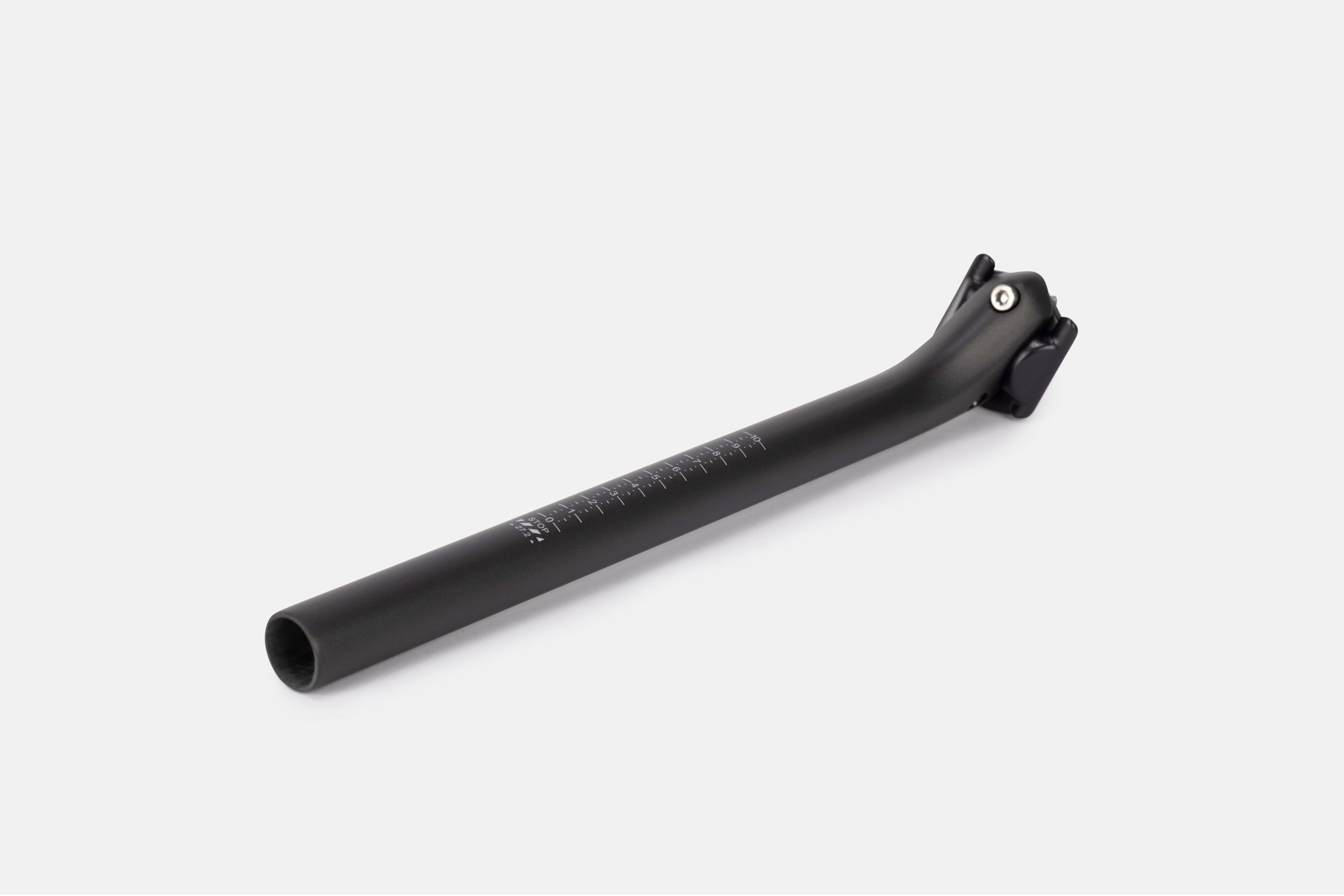 Litebike lightweight carbon seatpost, highlighting the Mach^2 sustainable materials and aerodynamic shape, designed for weight-conscious cyclists seeking performance and durability.